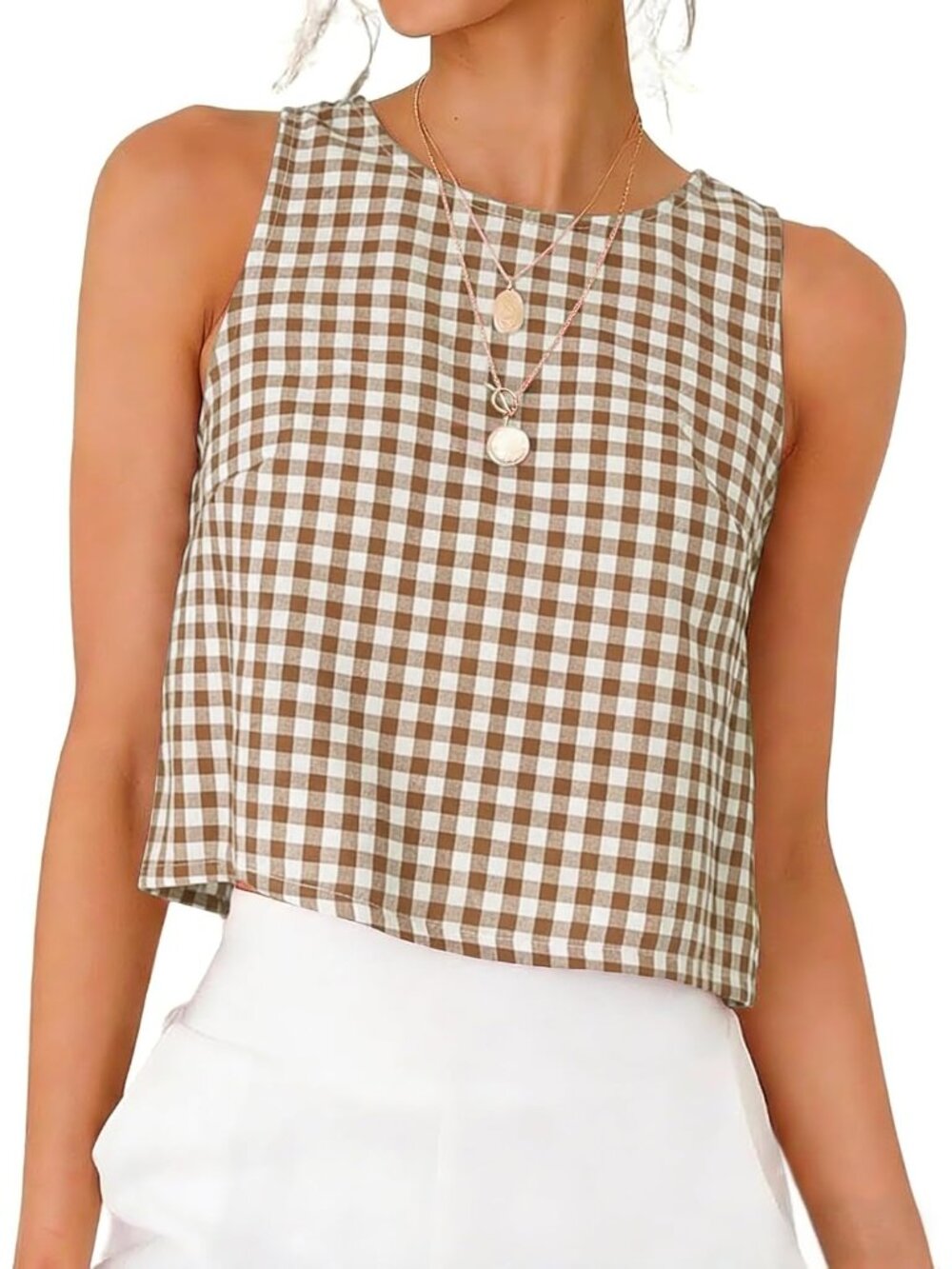Chic Womens Gingham Cropped Tank Top - Stylish High Neck Sleeveless Blouse